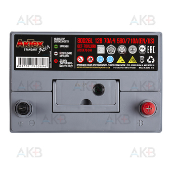 Автомобильный аккумулятор АкТех Standart Asia 80D26L 70Ач 580A обр. пол. (260x175x225) ATSTA 70-3-R. Фото 1