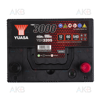 Автомобильный аккумулятор YUASA YBX3205 60 Ач 540А обр. пол. (232x175x205). Фото 1
