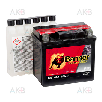 Banner Bike Bull AGM 50412 4 Ач обр. пол. 80А (113x70x105) BTX5L-BS, YTX5L-BS сухозаряж.