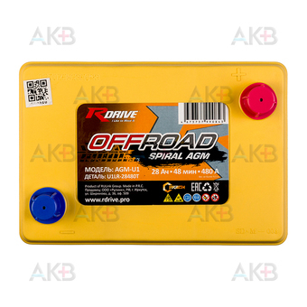 Автомобильный аккумулятор RDrive SPIRAL OFFROAD AGM-U1 12V 28Ah 480A (203х139х179) U1LR-28480T. Фото 1