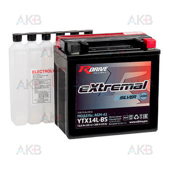 RDrive YTX14L-BS 12V 12Ah 200А обр. пол. AGM сухозаряж. (150x87x145) eXtremal SILVER