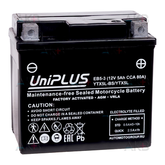 UniPLUS AGM EB5-3 | 5Ah 80А обр. пол. (113x70x105) High Performance