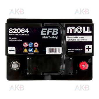Автомобильный аккумулятор Moll EFB Start-Stop 64 Ач 620A обр. (242x175x190) 82064. Фото 1