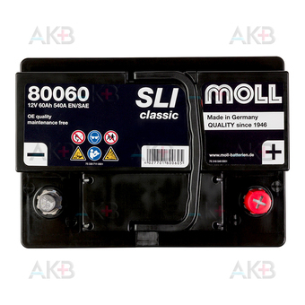 Автомобильный аккумулятор Moll SLI classic 60 Ач 540А обр. пол. (242х175х190) 80060. Фото 1