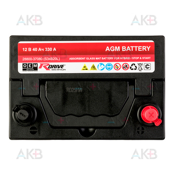 Автомобильный аккумулятор RDrive OEM AGM-B20L 40 Ач 330A обр. пол. (189x129x225) S34B20L 28800-37080. Фото 2